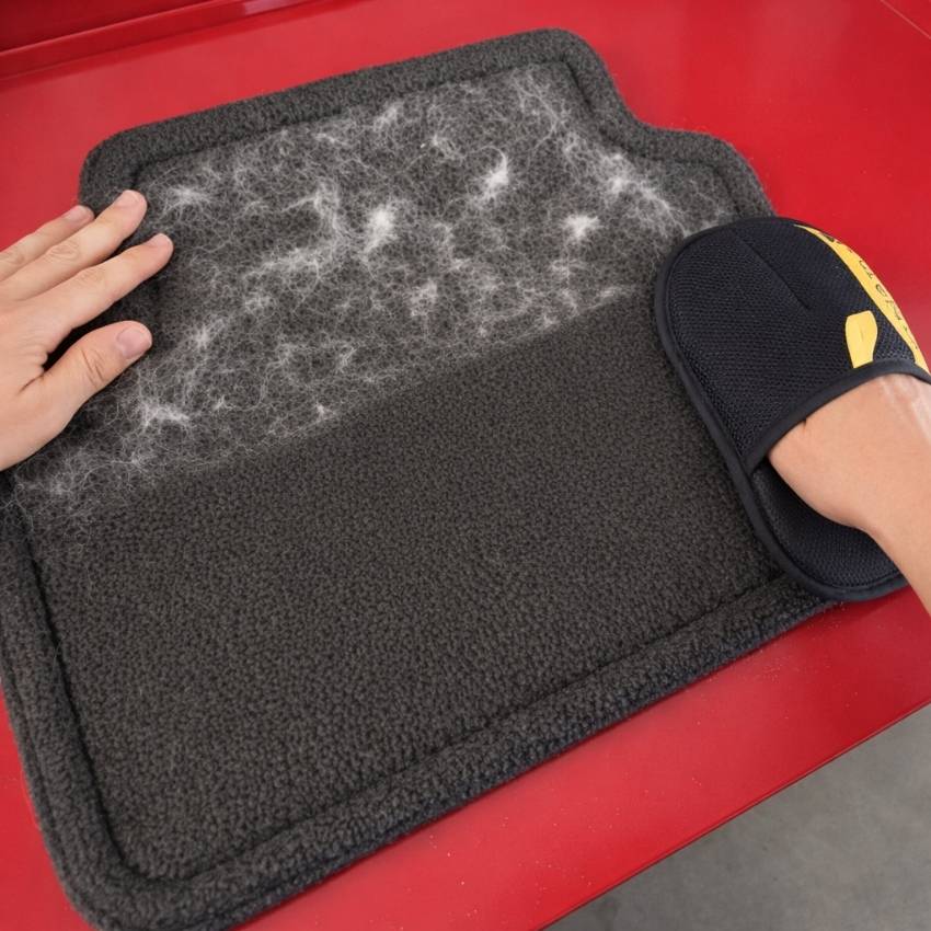 Using the PurePath™ glove to scrape deeply embedded dog hair from a black car floor mat